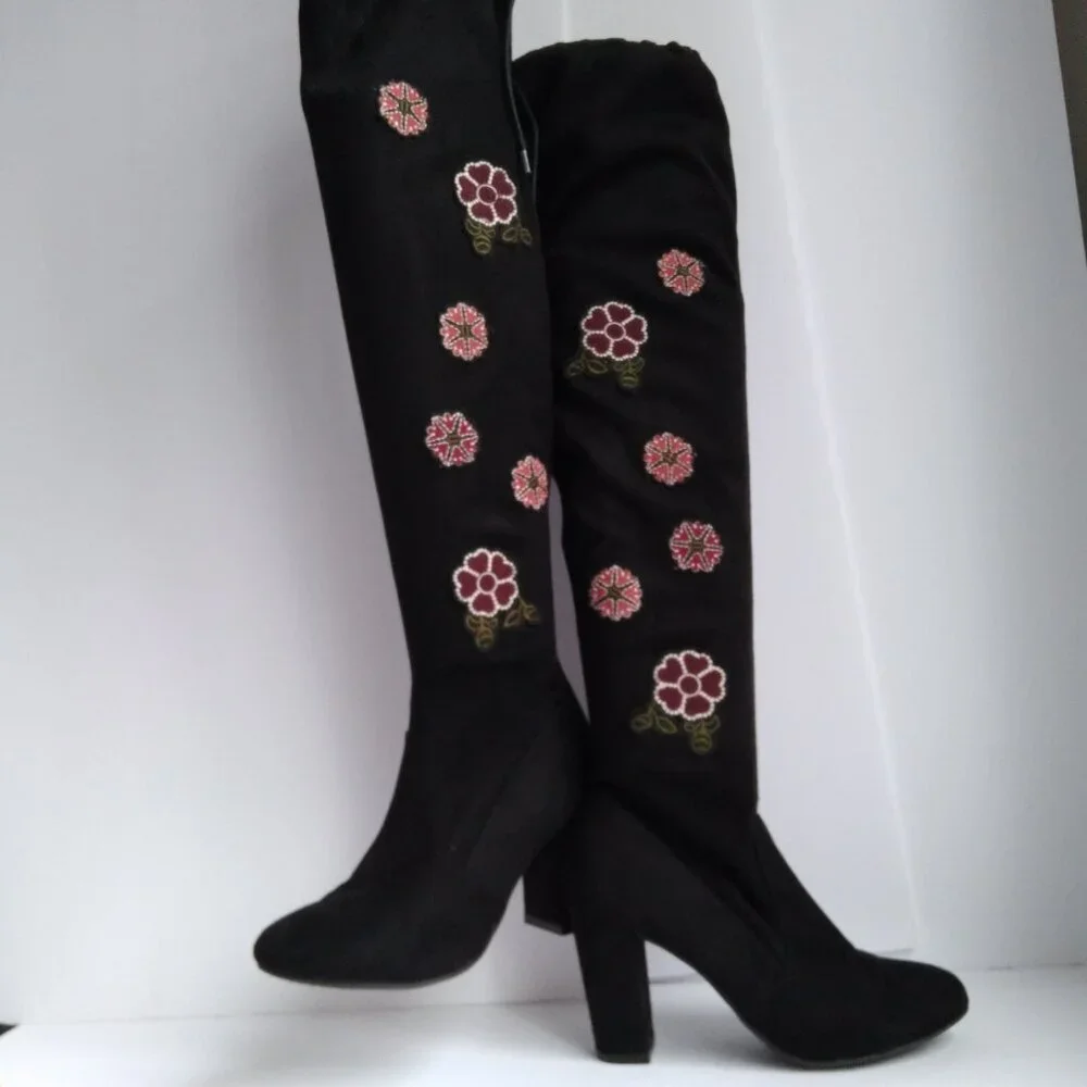 Chinese Laundry 'Briella' Black ThighHigh Suede Boots Floral Embroidery NWOB Sz6